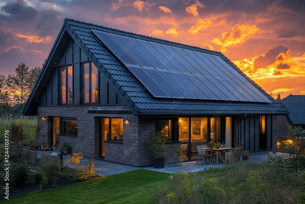 Modern house with tinted roof and solar panels during a vibrant sunset Modern house with tinted roof and solar panels during a vibrant sunset