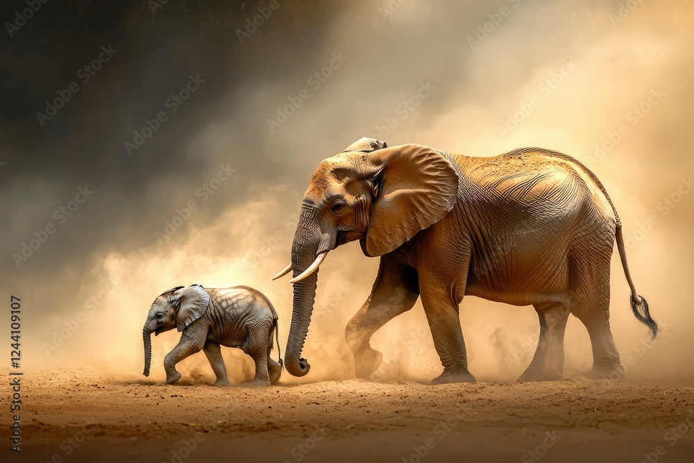 Fototapeta premium African Elephant Mother and Calf Walking Through Dust