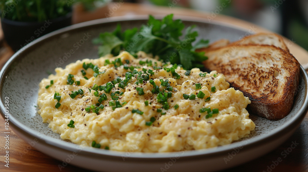 Delicious creamy scrambled eggs served with toast and fresh herbs on a wooden table Delicious creamy scrambled eggs served with toast and fresh herbs on a wooden table