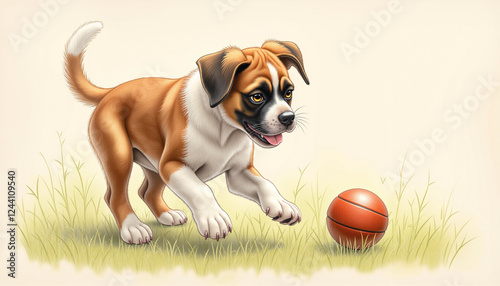 Puppy playing ball pencil illustration against light background, Dog Dropping Ball