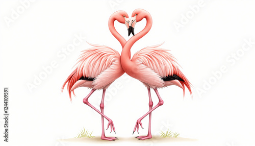 Flamingo couple heart-shaped neck pencil illustration against white background, Flamingo Love Dance