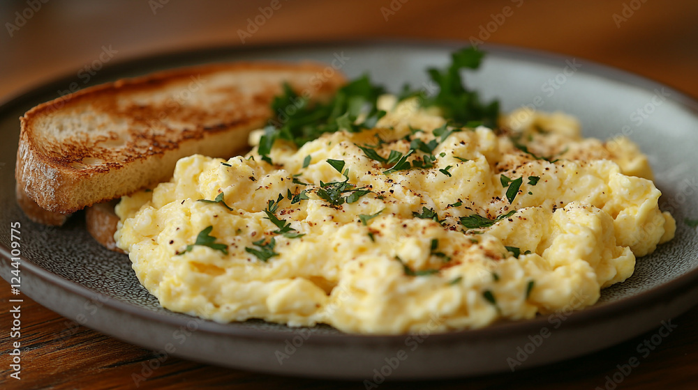 Scrambled eggs with toast and herbs served on a plate for breakfast Scrambled eggs with toast and herbs served on a plate for breakfast