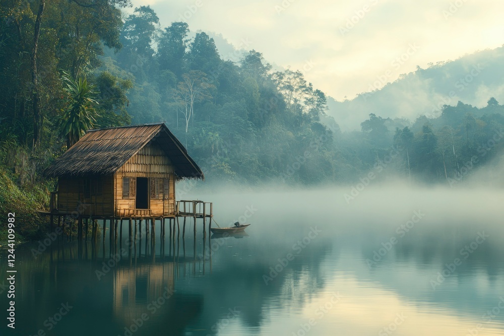 Obraz premium Serene Lakeside Cabin Nestled Amongst Misty Mountains