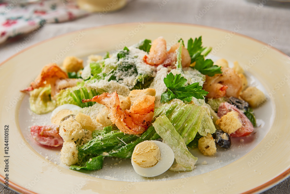 Fresh Caesar Salad with Shrimp and Quail Eggs – Vibrant Culinary Photography Fresh Caesar Salad with Shrimp and Quail Eggs – Vibrant Culinary Photography