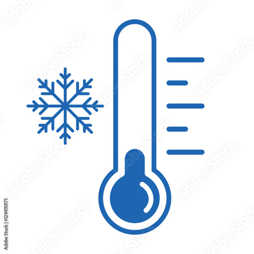 Cold temperature icon, keep frozen label, thermometer with snowflake vector illustration on white background. Cold Weather Flat Sign. Storage in refrigerator and freezer. Weather forecast snowy winter