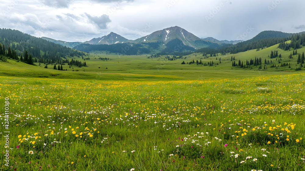 Fototapeta premium Mountain meadow wildflowers summer scenic landscape, travel poster