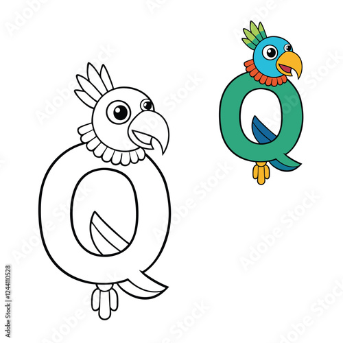 Alphabet letter "Q" with a vibrant quetzal coloring page. Features a detailed quetzal perched near the bold letter "Q," surrounded by leaves for a fun, educational design.