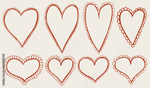 Hand drawn heart frames set. Chalk scribble wavy borders collection. Pencil freehand doodle love frame for wedding invitation, greeting card, menu, poster, postcard design. Vintage vector illustration