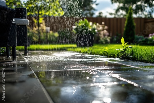 Backyard patio gets cleaned as water sprays across the tiles on a sunny day. Generative AI