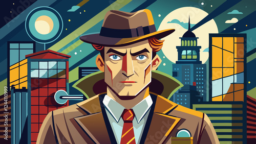 Determined detective in a trench coat and fedora, set against a moonlit urban skyline, symbolizing investigation, mystery, and crime-solving in a noir-inspired setting