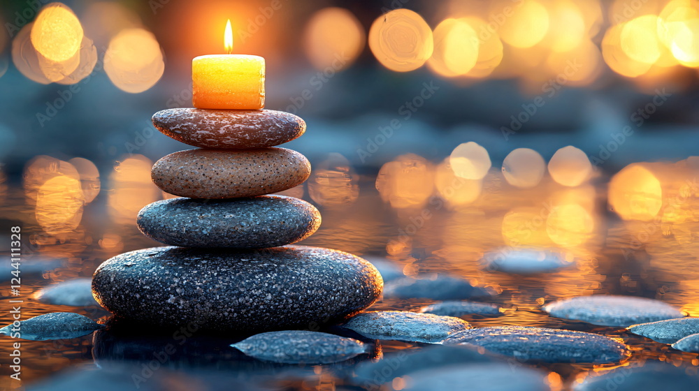 Fototapeta premium Gentle candle glowing atop a stack of smooth stones beside a tranquil shimmering water surface.