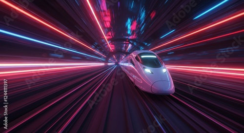 Futuristic bullet train in neon tunnel with dynamic lights and high-speed motion blur photo