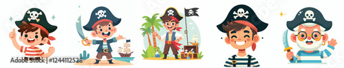 happy kids vector set in pirate clothes