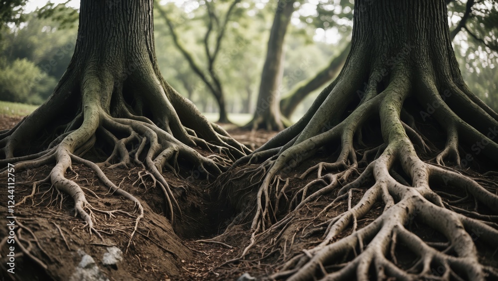 Roots intertwining beneath the surface in a peaceful forest setting during daylight Roots intertwining beneath the surface in a peaceful forest setting during daylight
