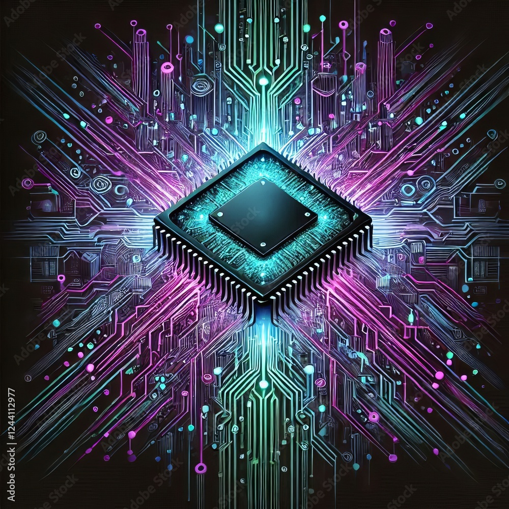Fototapeta premium futuristic digital graphic featuring a computer chip and surrounding circuitry elements.