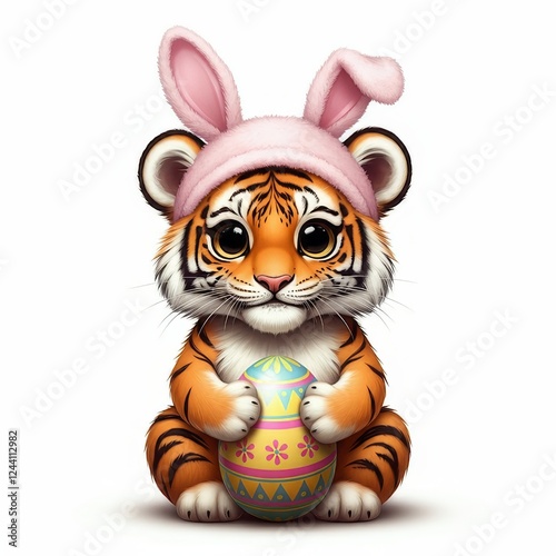 Cute Tiger in Bunny Hat with Easter Egg Stock Photo - This adorable cartoon features a tiger wearing a bunny hat and holding an Easter egg, perfect for festive celebrations. photo