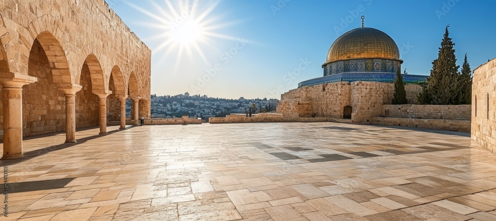 Naklejka premium Ancient Arches and Golden Dome Architectural Splendor of The Dome of the Rock, Jerusalem