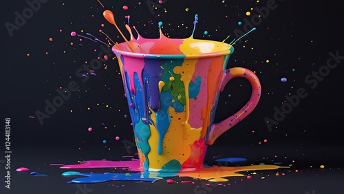 Colorful paint splattered cup on a black background. AI Genrated