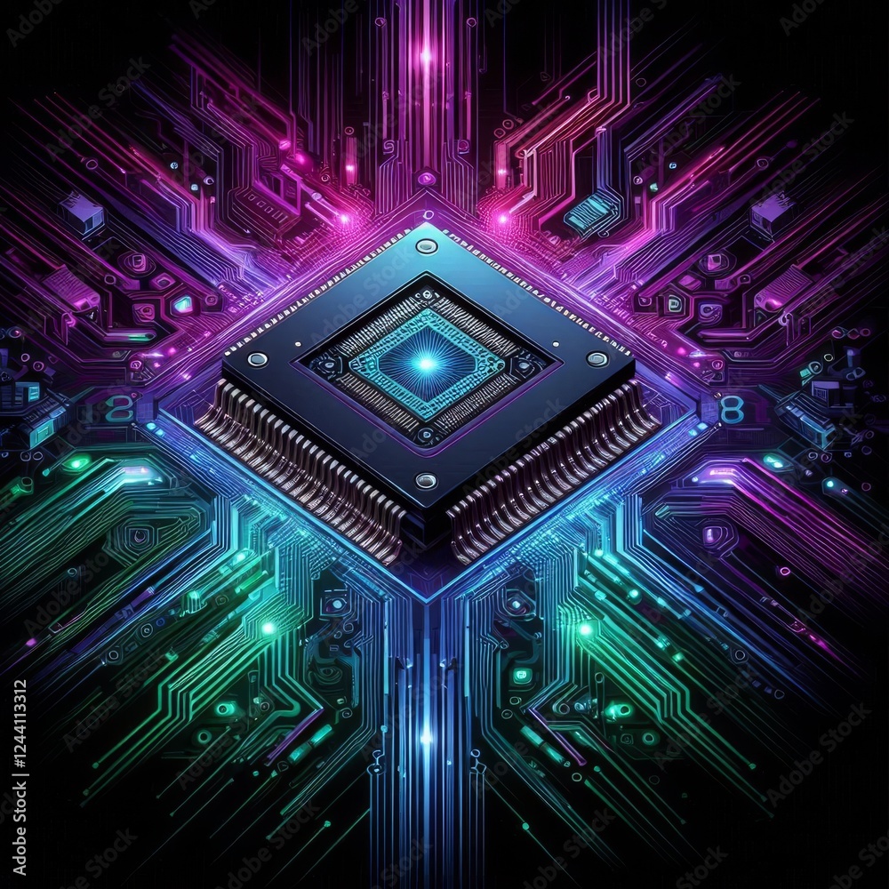 Fototapeta premium futuristic digital graphic featuring a computer chip and surrounding circuitry elements. 