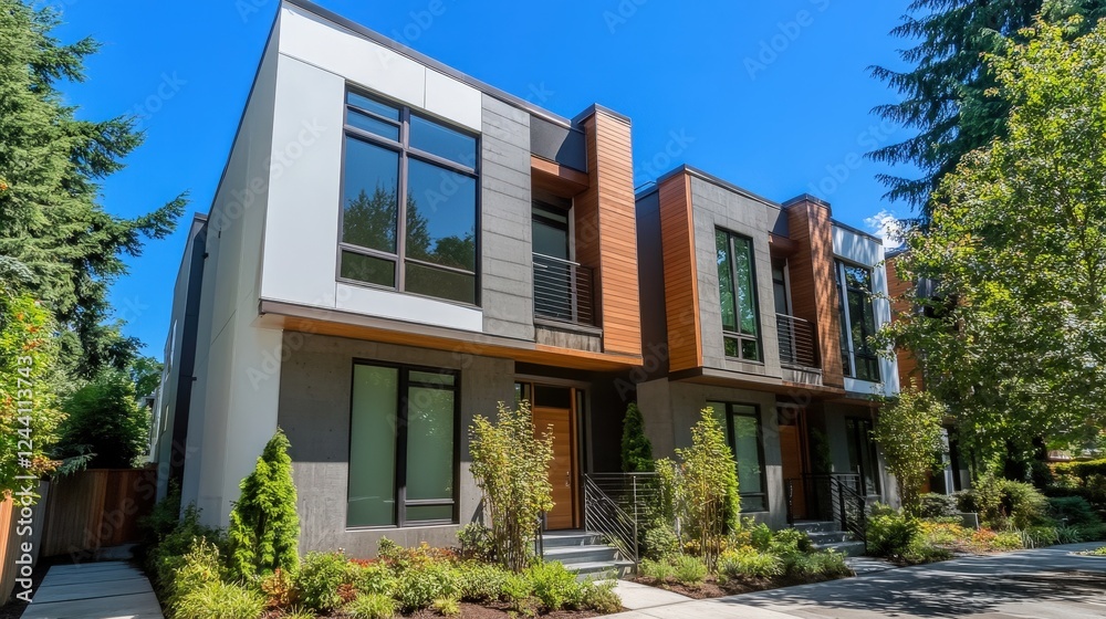 townhouse in an upscale neighborhood with clean lines, a rooftop terrace, and sleek architectural elements. townhouse in an upscale neighborhood with clean lines, a rooftop terrace, and sleek architectural elements.