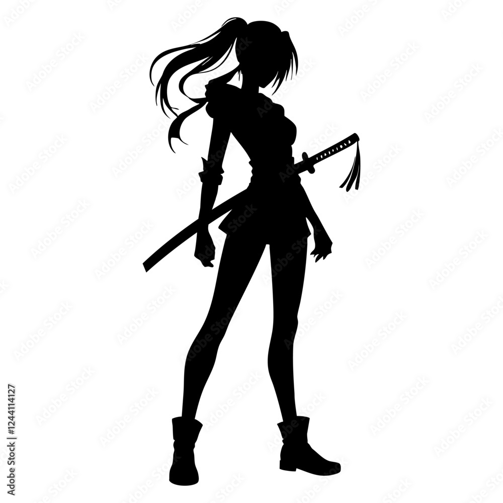 Black silhouette of an anime manga girl wearing a ponytail and holding a katana Black silhouette of an anime manga girl wearing a ponytail and holding a katana