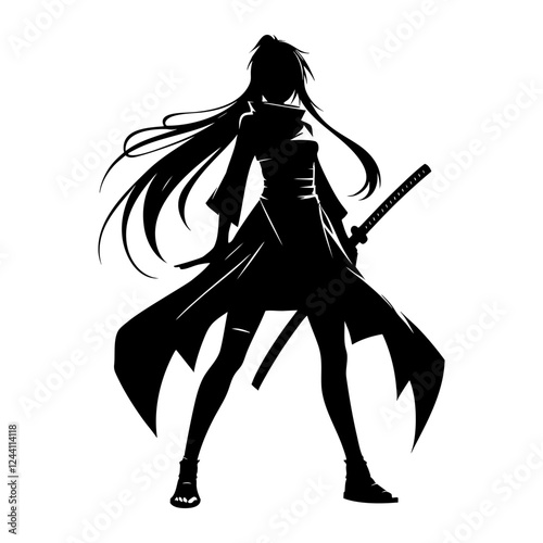 Silhouette of anime manga girl holding katana, long hair flowing in wind