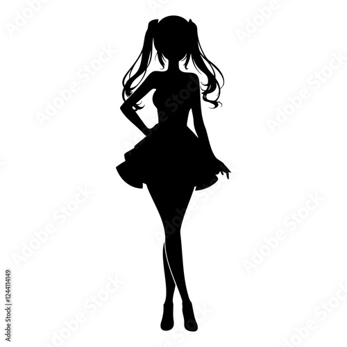 Black silhouette of a young woman with twin tails wearing a dress and posing with hand on hip