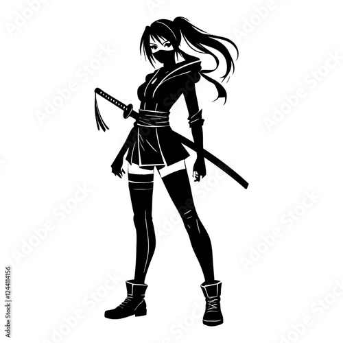 Monochrome graphic illustration featuring a female ninja character in a dynamic pose