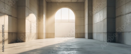 Empty concrete building interior with sunlight passing through arch. photo