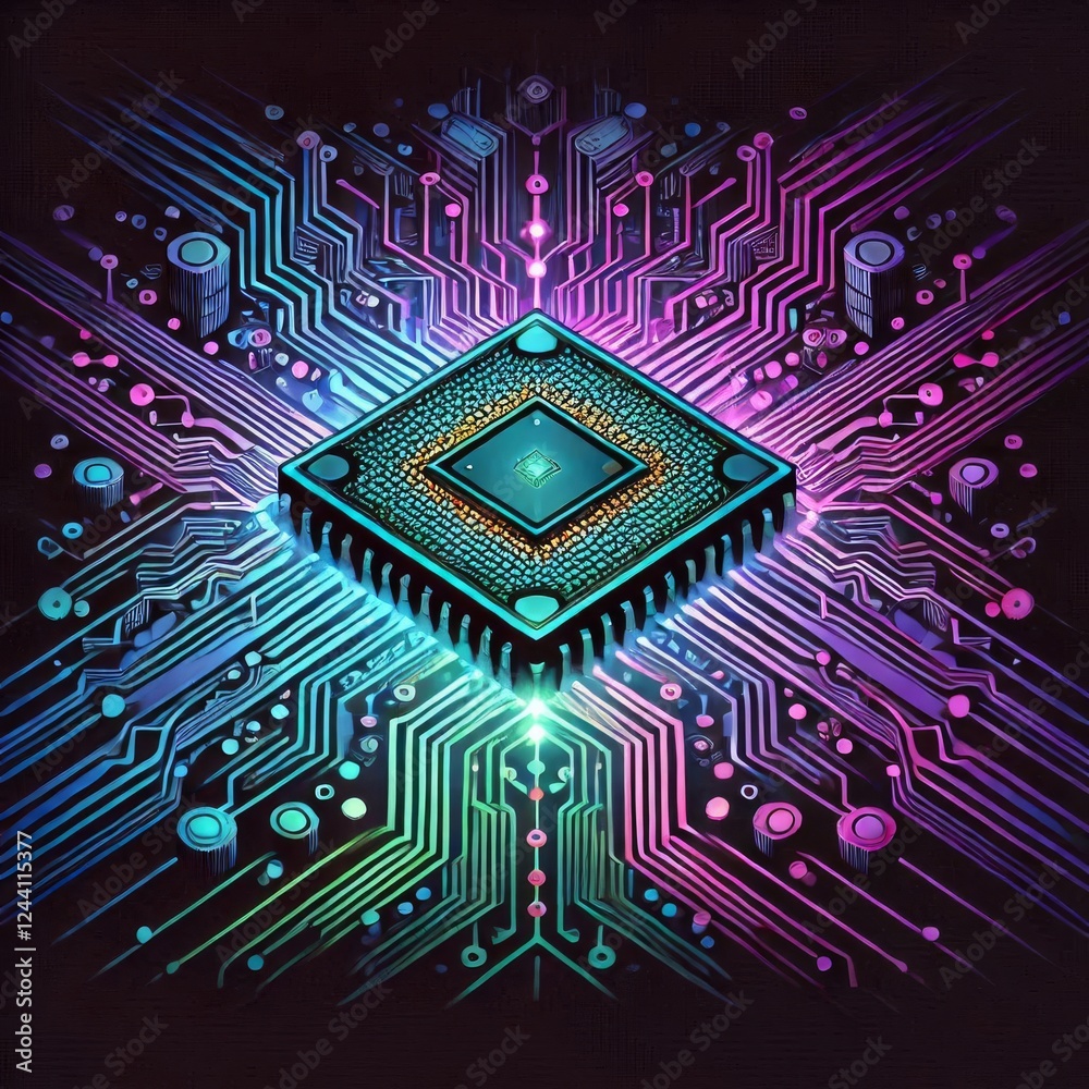 Fototapeta premium futuristic digital graphic featuring a computer chip and surrounding circuitry elements.