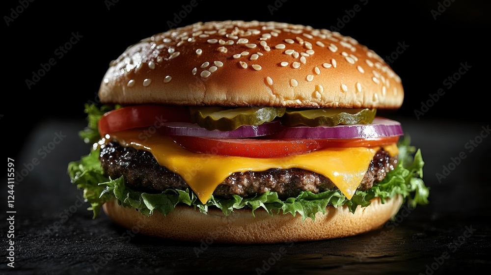 Juicy cheeseburger with fresh vegetables and sesame seed bun on dark background Juicy cheeseburger with fresh vegetables and sesame seed bun on dark background