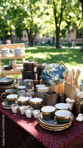Various items for sale at an outdoor garage sale include kitchenware, books, and unique decorations on a red cloth under sunlight