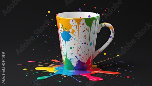 Colorful paint splattered cup on a black background. AI Genrated photo