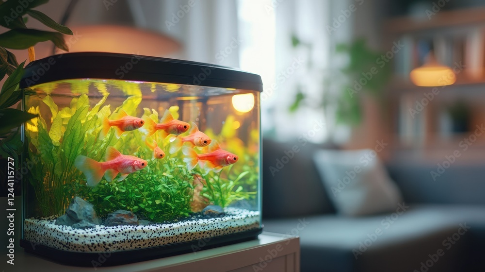Vibrant aquarium with colorful fish and lush greenery in cozy living room