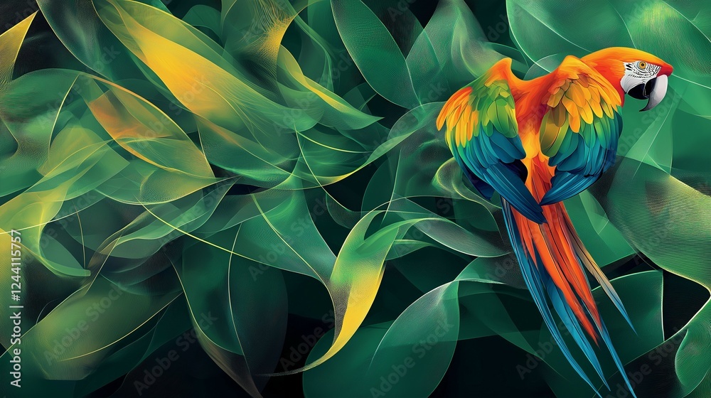 Fototapeta premium Colorful macaw parrot in the jungle. macaw parrot with colorful plumage and a long tail sitting on the tree branch. colorful parrot in the rain forest, wildlife and nature concept