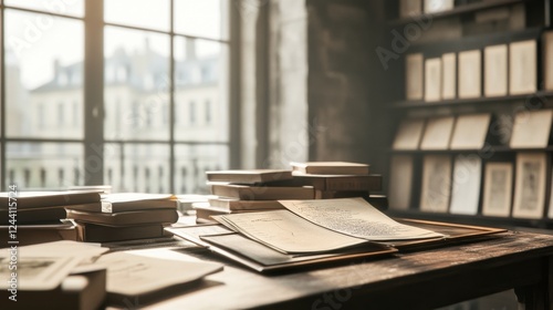 Sunlit antique bookshop desk, city view
