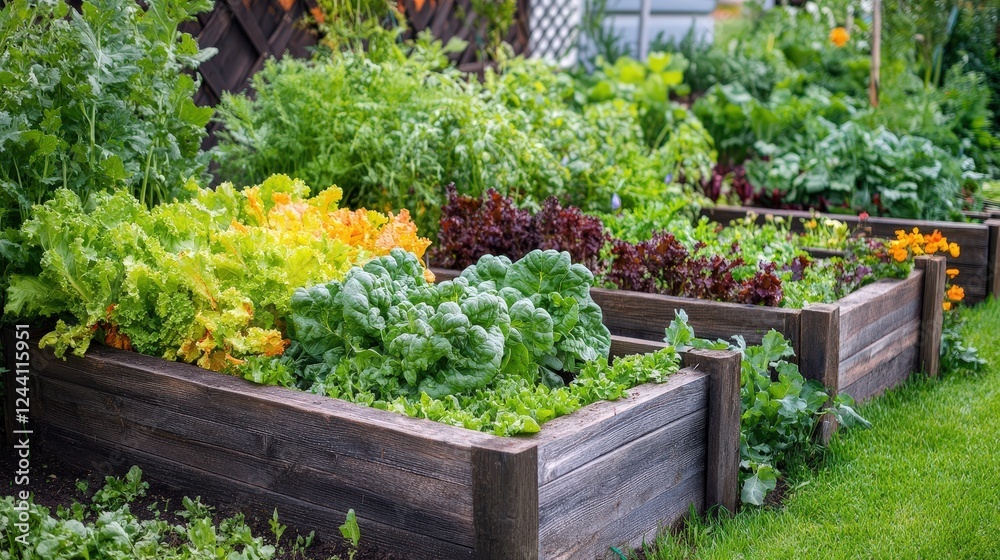 backyard garden with raised beds filled with colorful vegetables, leafy greens, and aromatic herbs, offering a peaceful retreat for gardening enthusiasts. backyard garden with raised beds filled with colorful vegetables, leafy greens, and aromatic herbs, offering a peaceful retreat for gardening enthusiasts.