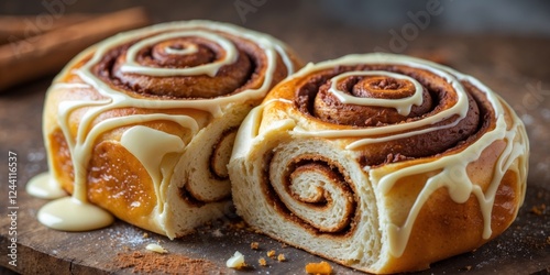 Delicious Sweet Cinnamon Roll Pastry with Creamy Glaze Baked Bread Close up