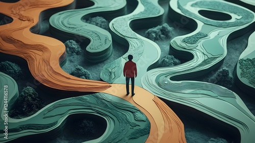 Layered paper cut design depicting a person standing at a crossroads contemplating the different paths and choices before them as they journey towards success photo