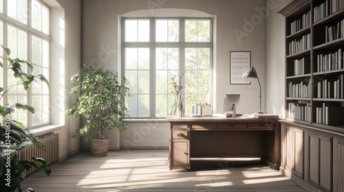 Sunlit home office with wooden desk, bookshelves, and plants
