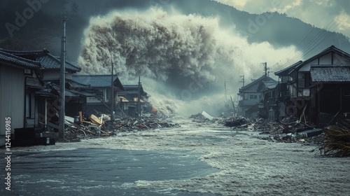 A violent tsunami triggered by a landslide, hitting a coastal town with towering waves and debris. The scene conveys the catastrophic consequences of this natural disaster.