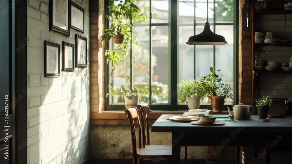 Obraz premium Sunlit kitchen table, plants, window, morning light