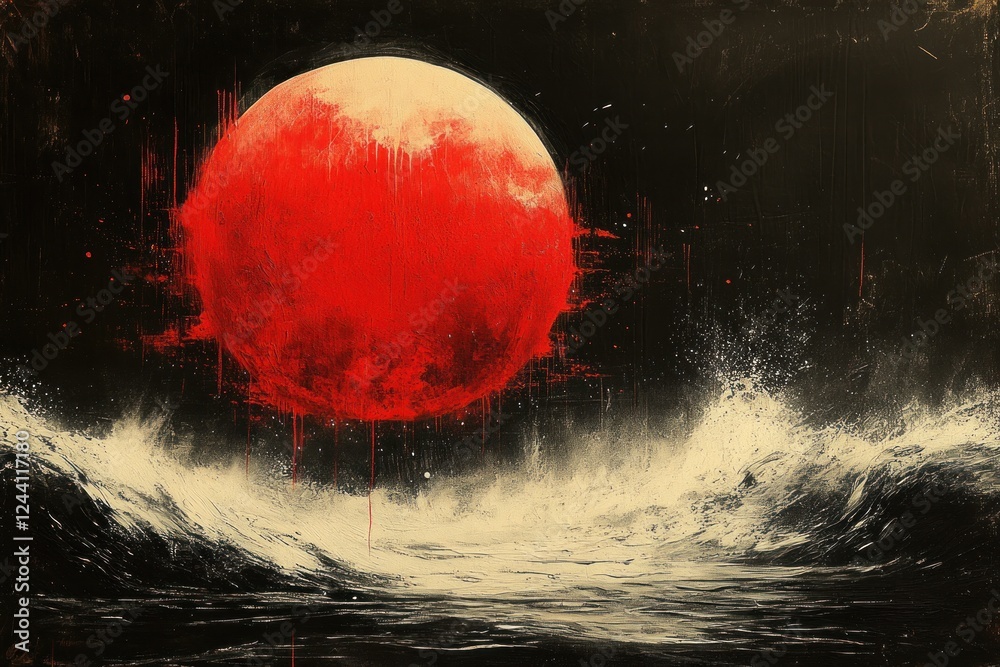 Abstract Red Sun on Black Canvas with White Motion Streaks Abstract Red Sun on Black Canvas with White Motion Streaks
