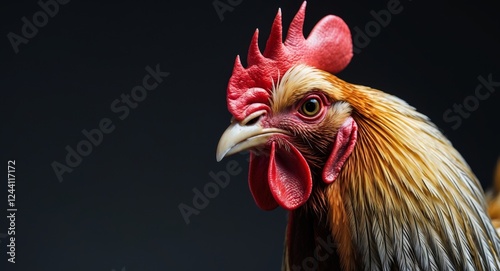 A close up of a rooster's head with a black background photo