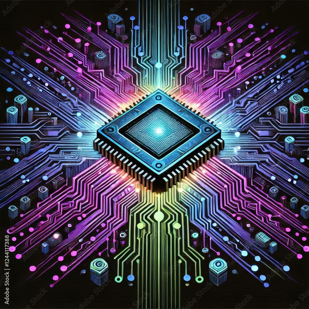 Fototapeta premium futuristic digital graphic featuring a computer chip and surrounding circuitry elements.