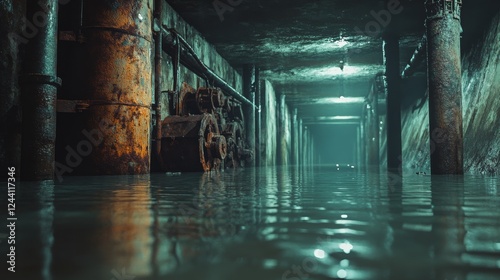 natural disaster A flooded mine shaft with water filling the tunnel and submerged mining equipment. Dim light filters through the water, showing rusted machinery.