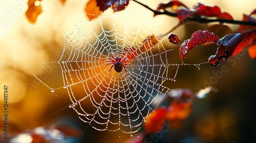 A close-up of a spider web adorned with dew drops among autumn leaves