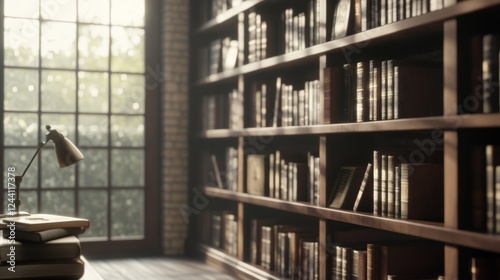 Sunlit library, bookshelves, window, tranquil study