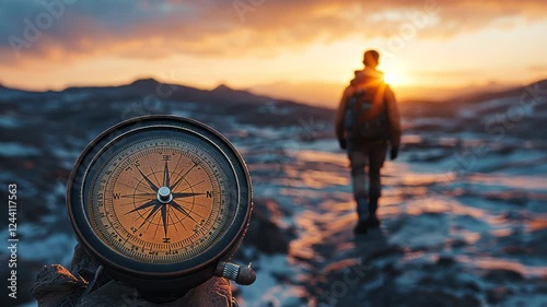 Adventurer Using Compass at Sunset on Rocky Terrain with Scenic View