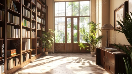 Sunlit library with bookshelves, plants, and French doors